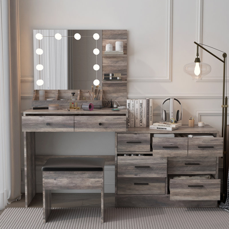Makeup Vanity With Lights, Charging Station And Mirror, Black, Gray