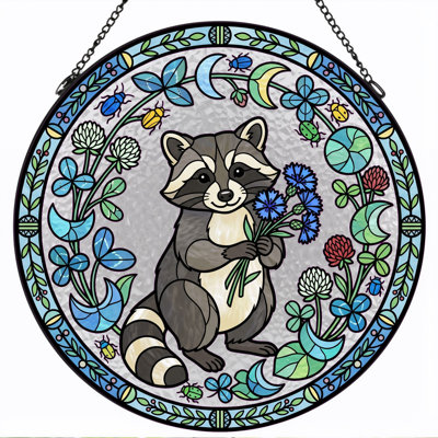 Raccoon Floral Stained Glass Window Panel，7.8H