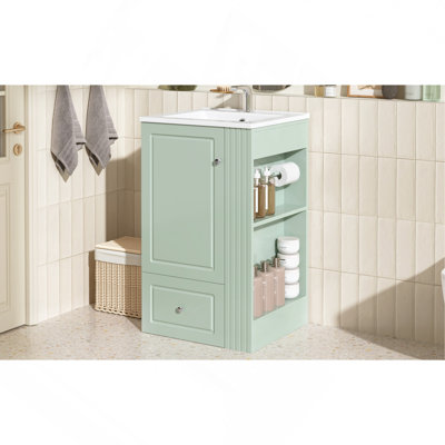 Meuble-lavabo autoportant de 20 po avec lavabo en céramique, trou de robinet simple, armoire de rangement en panneau de fibres à densité moyenne avec tiroir à fermeture en douceur, tablettes latérales ouvertes avec barre à serviettes en bois de pin