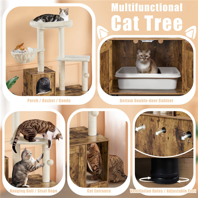 Rustic Brown Cat Tree Tower with Litter Box Enclosure