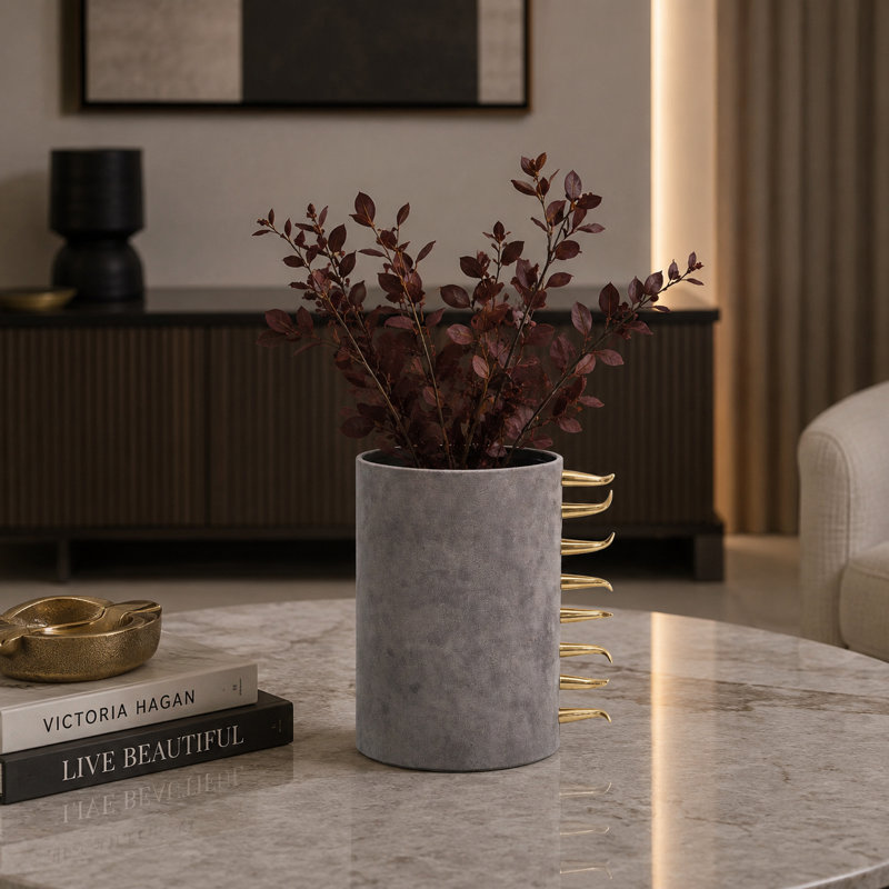 Yerkes Round Leather Table Vase, 9x9x12, 12" H x 9" W x 9" D