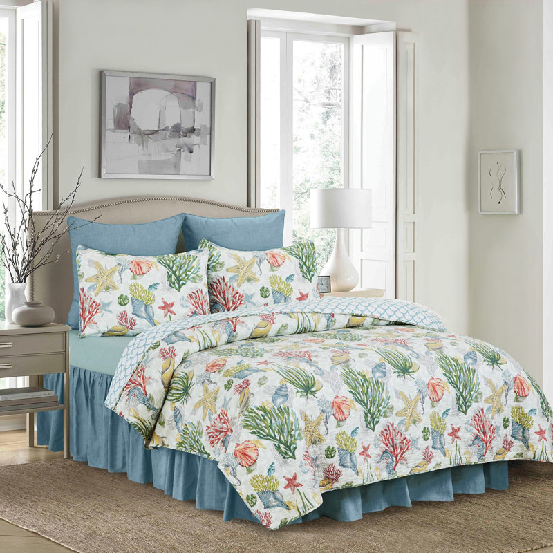 Ensemble de courtepointe réversible 100% coton Shellwood, Courtepointe très grand et 2 très grandes taies