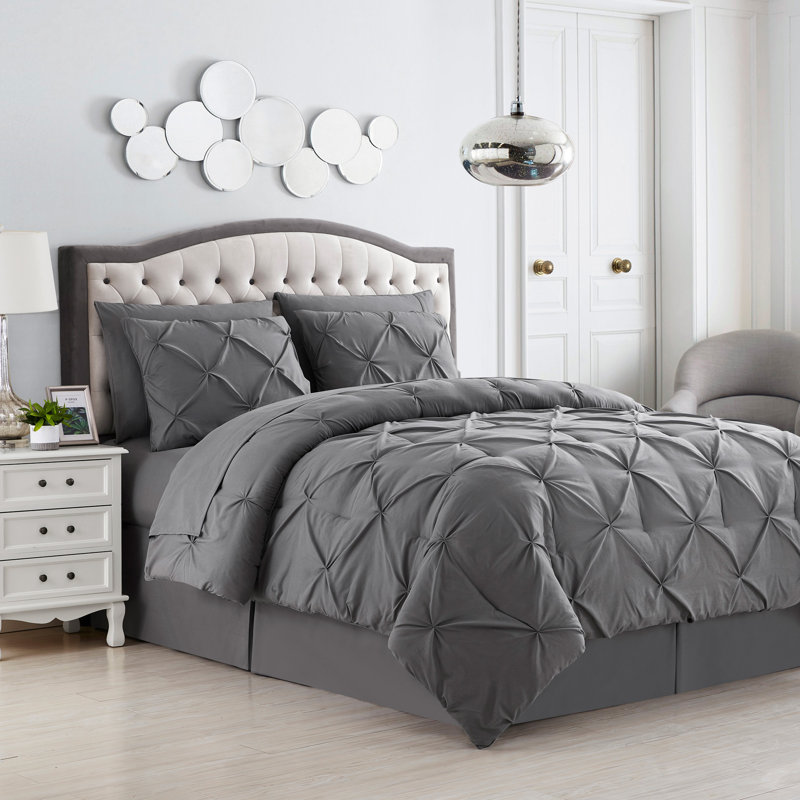 8 Piece Bed In A Bag Pintuck Comforter Set with Bed Sheets, King, Gray