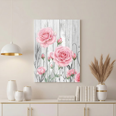 Roses roses sur fond de bois, reproduction d'art sur toile tendue sur toile, ensemble de 1