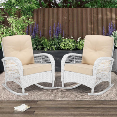 Beachcrest HomeĀ Outdoor Wicker Rocking Chairs Set Of 2, Rattan Patio Rocker Chairs With Thick Cushions And High Back, All-Weather Patio Wicker Chair by Beachcrest Home