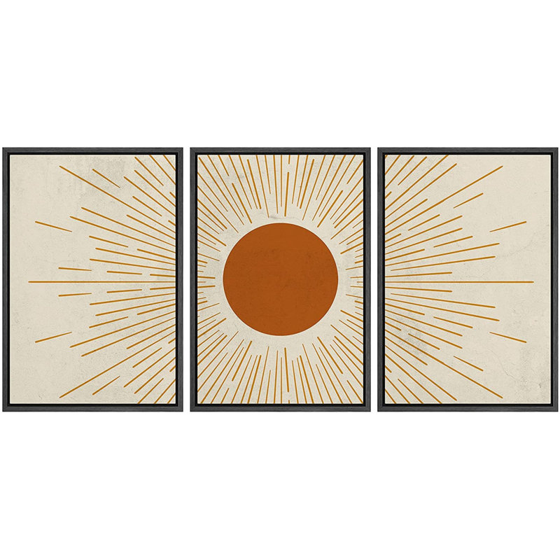 Géométrique, orange brûlé, soleil brillant, astronomie et ciel de l'espace - 3 pièces, cadre flottant, impression sur toile