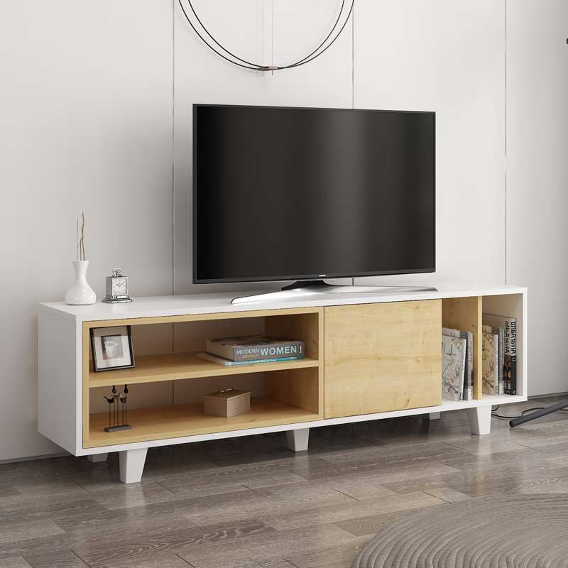 Scandinavian TV Stand, White w/ Oak, 63.0 x 13.8 x 19.1 inches | 100% Melamine Coated Particle Board, Thickness: 0.7 inches | Features Numerous Shelves, Wall-Mountable Design | Stylish w/ Functional for Modern Living Rooms
