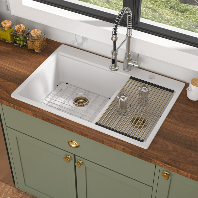 Quartz 33"L x 22"W Quartz Workstation Kitchen Sink Drop In Double Bowl Granite Composite Kitchen Sink with Cutting Board,Roll-up Rack