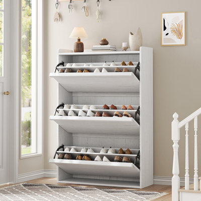 Range-chaussures avec 3 tiroirs rabattables - Organisateur en bois avec tablette réglable, rangement caché pour l'entrée, le couloir, le salon (blanc)
