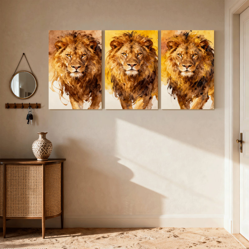 Animaux, lion, aquarelle, ensemble de 3 impressions sur toile
