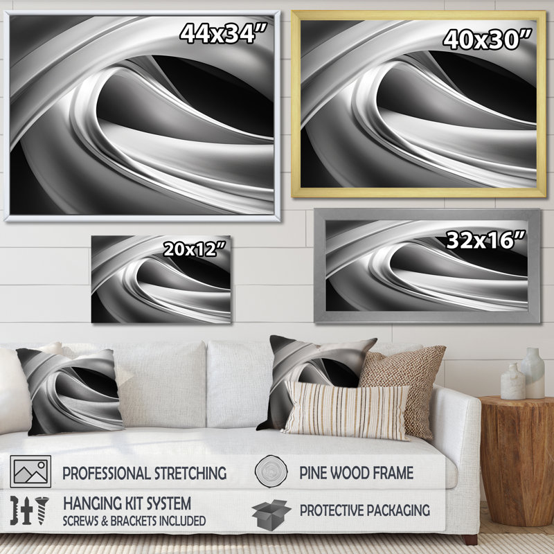 Silver Speed fractal Wave II - Abstract Fractal, art mural, Cadre flottant noir, 34" H x 44" W