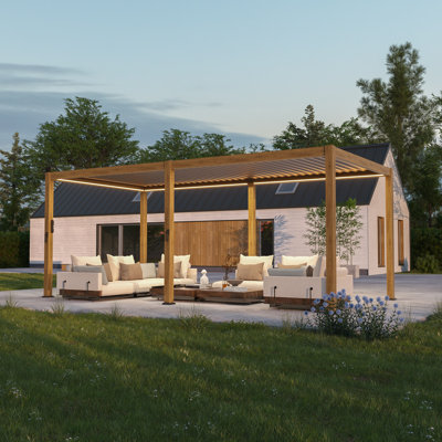Modern Aluminum Frame Pergola with Adjustable Louvers, LED Lights, and Solar Charging, for Balcony, Deck, and Garden