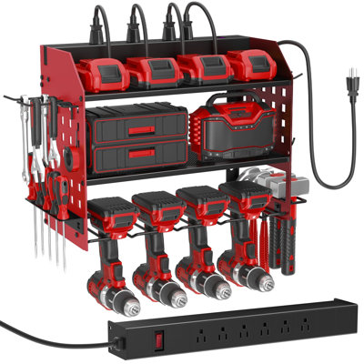 Support mural pour outils électriques avec station de charge, support de rangement pour outils en métal avec 4 porte-perceuses, tablette pour outils électriques robuste, 3 couches (rouge)