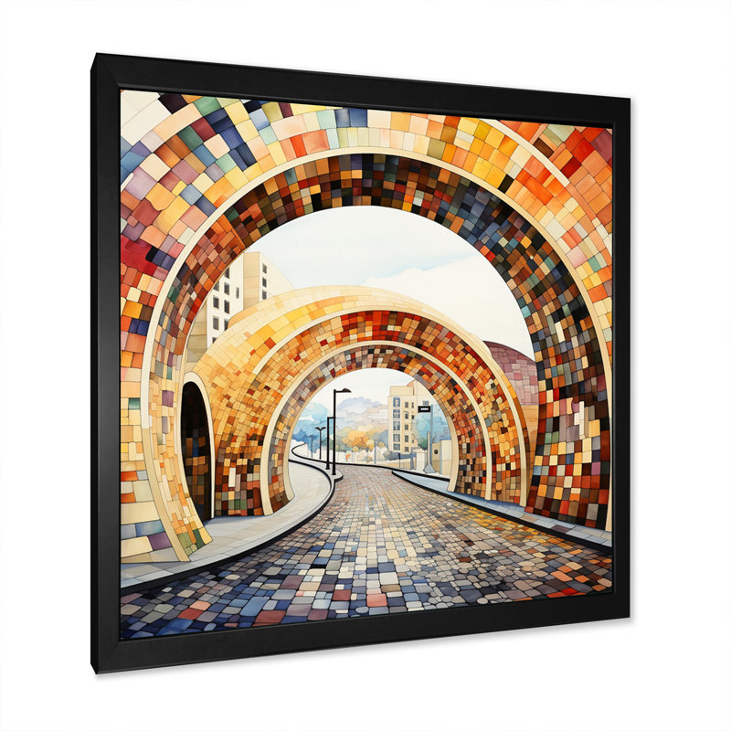 " Orange Bridge Dynamic Archways Pointillism III ", Black Single Picture Framed, 30" H x 30" W x 1" D