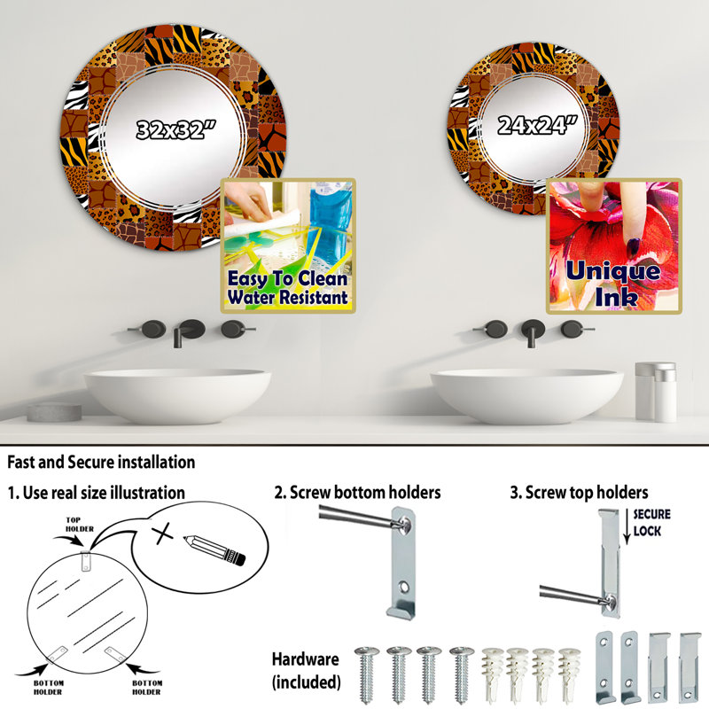 Patchwork Textile Pattern II - Animals Wall Mirror, 24" x 24"