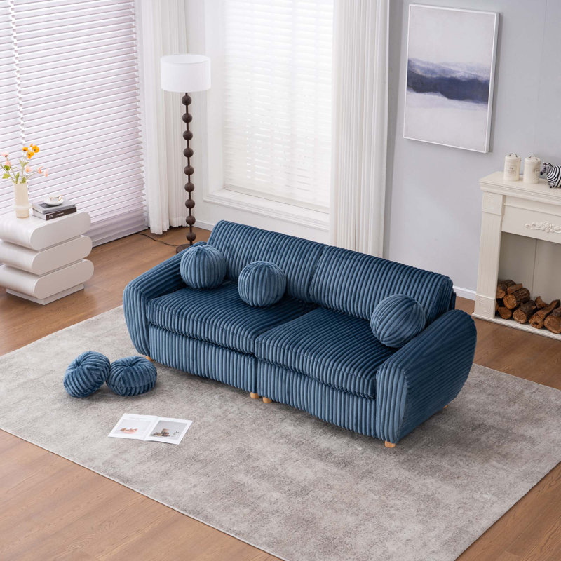 Myroslava Corduroy Upholstered Loveseat Sofa with Pillows, Blue Corduroy