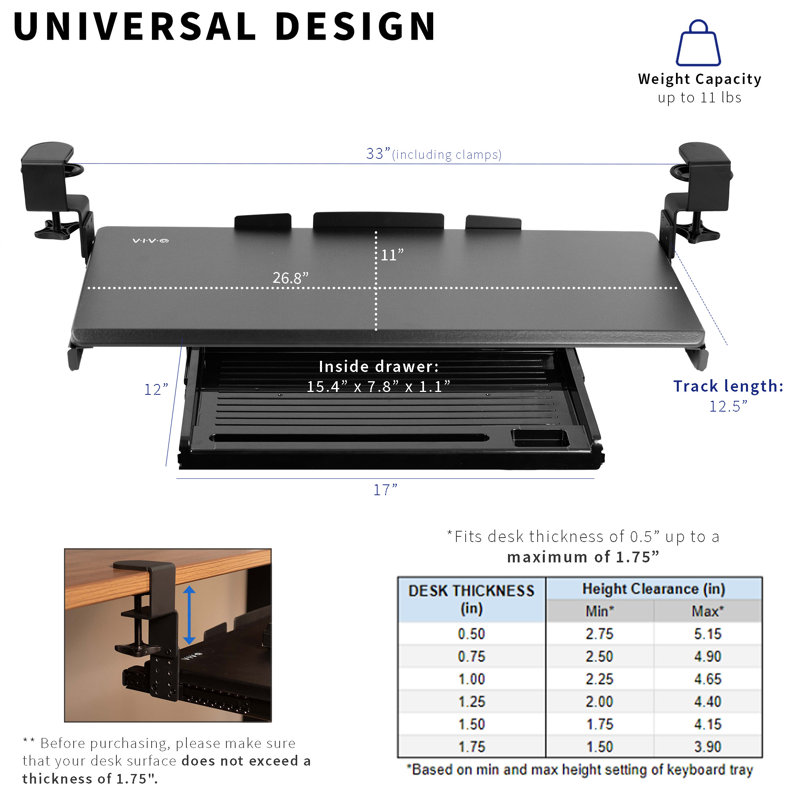 2.4" H x 26.8" W Desk Keyboard Tray