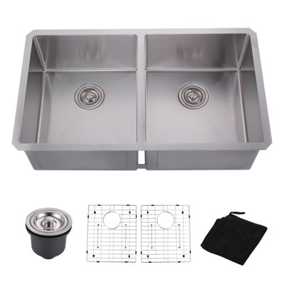 33 po Évier de cuisine à double cuve encastrable en acier inoxydable nickel brossé avec grille inférieure