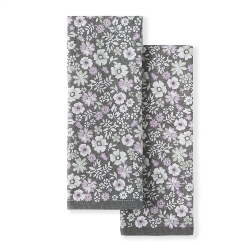 Gray and White Floral Cotton Kitchen Towel Set, 2-Pack
