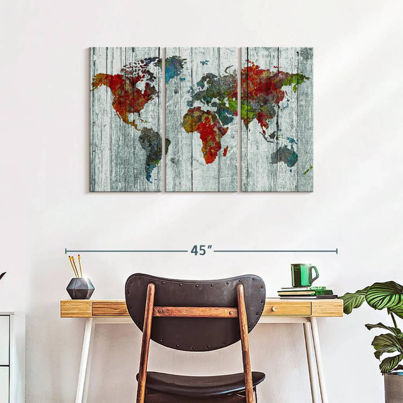 Artisanal carte du monde, reproduction d'art sur toile, H 38 po x l 24 po x P 1,25 po