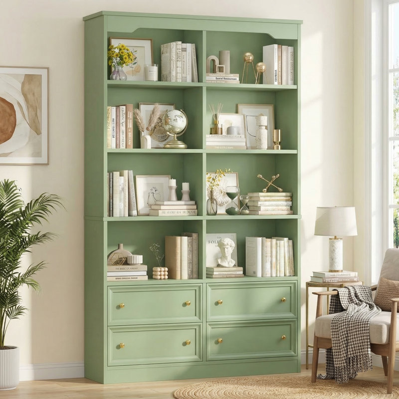 Kirklyn 6-Tier Standard Bookcase with 4 Drawers, Sage Green