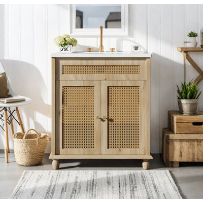 30" Handcrafted Woven Rattan Bathroom Vanity with Resin Basin,Soild Wood Legs