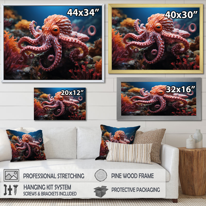 Coral Octopus Serene Submersion I - Animals Canvas Prints, H 30 po x l 40 po x P 1,5 po, Cadre simple noir