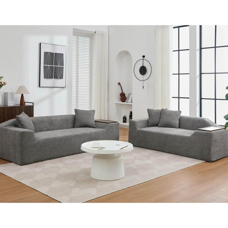 Ensemble 2 pièces avec coussins confortables - revêtement Boucle, 3 places, table de bout, siège gris foncé et revêtement relaxant