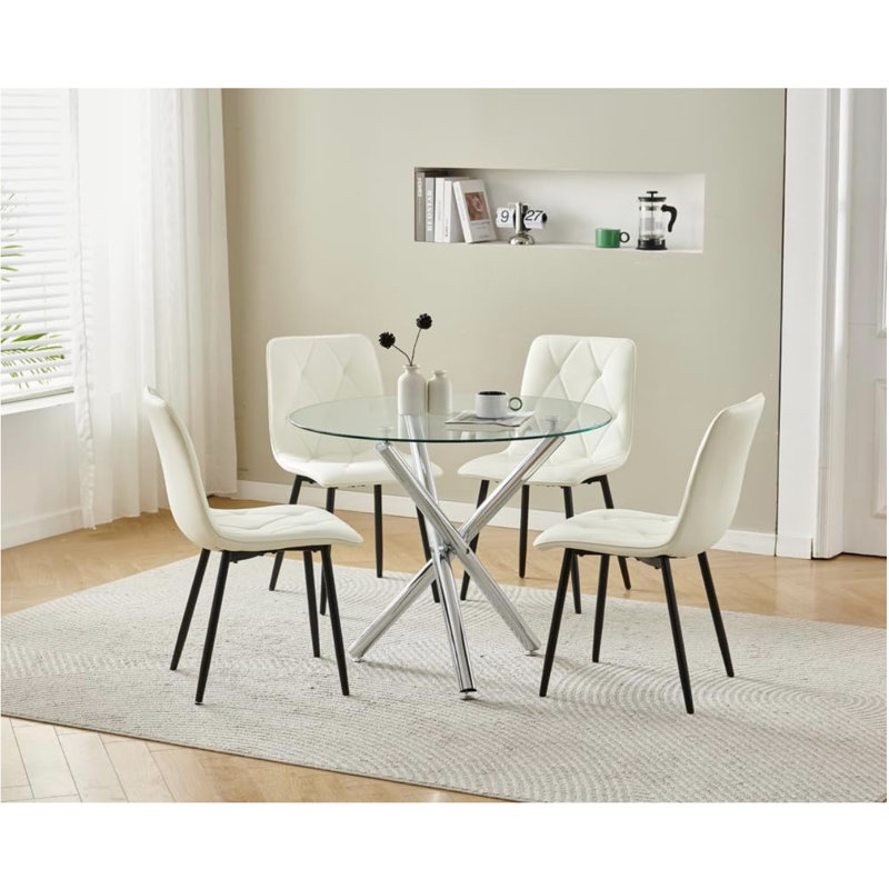 Dining Set, 4 Argyle Grid White Leather Chairs