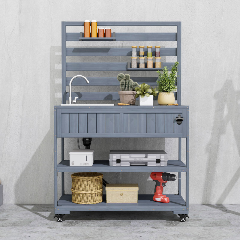 Chariot de cuisine en bois avec évier, ouvre-bouteille et tablettes mobiles