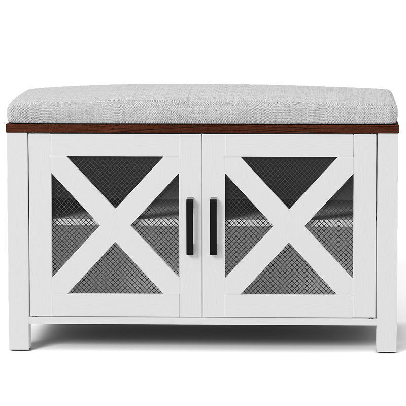 Farmhouse 27.5"x13.8" Small Shoe Storage Bench with Cushion, Wood Entryway Bench with Adjustable Shelves & Hidden Storage for Small Spaces, Hallway, or Mudroom