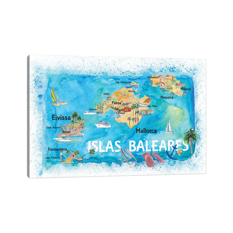 Balearic Islands Illustrated Travel Map With Majorca Ibiza Menorca Landmarks And Highlights by Markus & Martina Bleichner - Wrapped Canvas Gallery-Wrapped Canvas Giclée