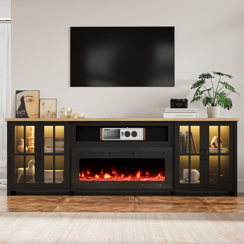  97" Fireplace Tv Stand With Electric Fireplace, Large Farmhouse Tv Stand Fortvs Up To 100", Led Lights & Adjustable Shelves, Entertainmentcenter For Living Room