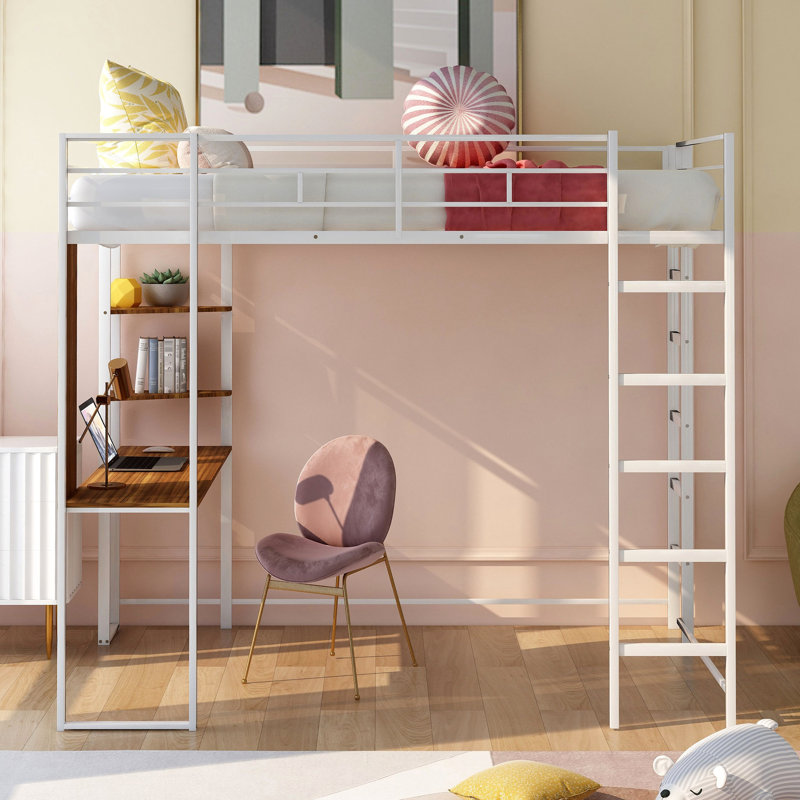 Lit mezzanine en métal blanc avec construction solide - comprend 2 tablettes et un bureau pleine grandeur, Blanc