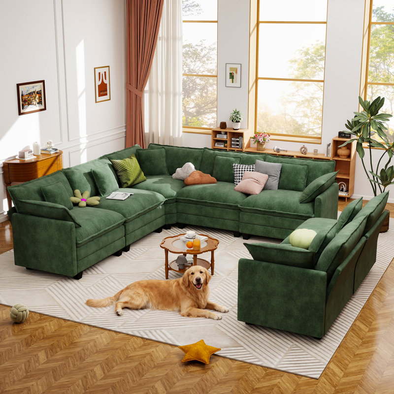 George 111.5" Modern 7 Seat Chenille L Shaped Modular Sectional Sofa With Two Ottomans, Green Chenille