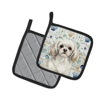White Tibetan Spaniel Coastal Sea Glass Pair of Pot Holders