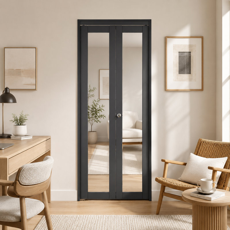 Porte pliante en bois massif à miroir 28 po x 80 po avec quincaillerie d'installation (garde-robe, garde-manger) Noir, Noir