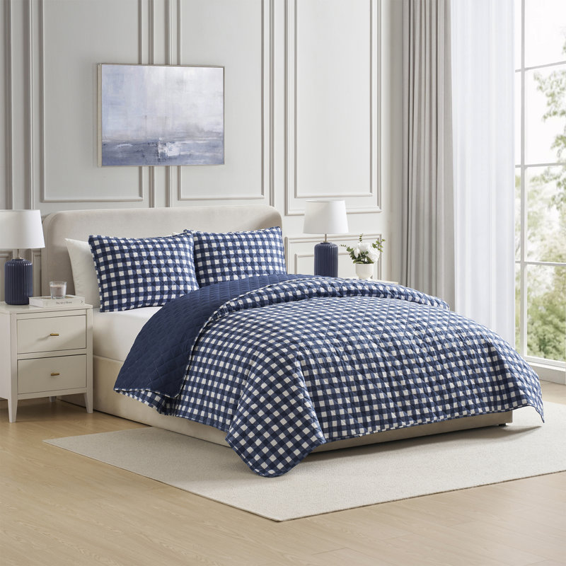 VCNY Home Gingham Microfiber Quilt Set, King Quilt + 2 King Shams, Navy