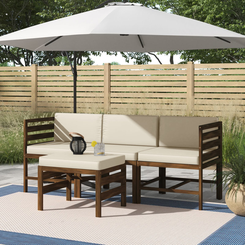 Acacia Solid Wood 3 - Person Patio Conversation Set with Cushions, Dark Brown Frame/Cream Cushion