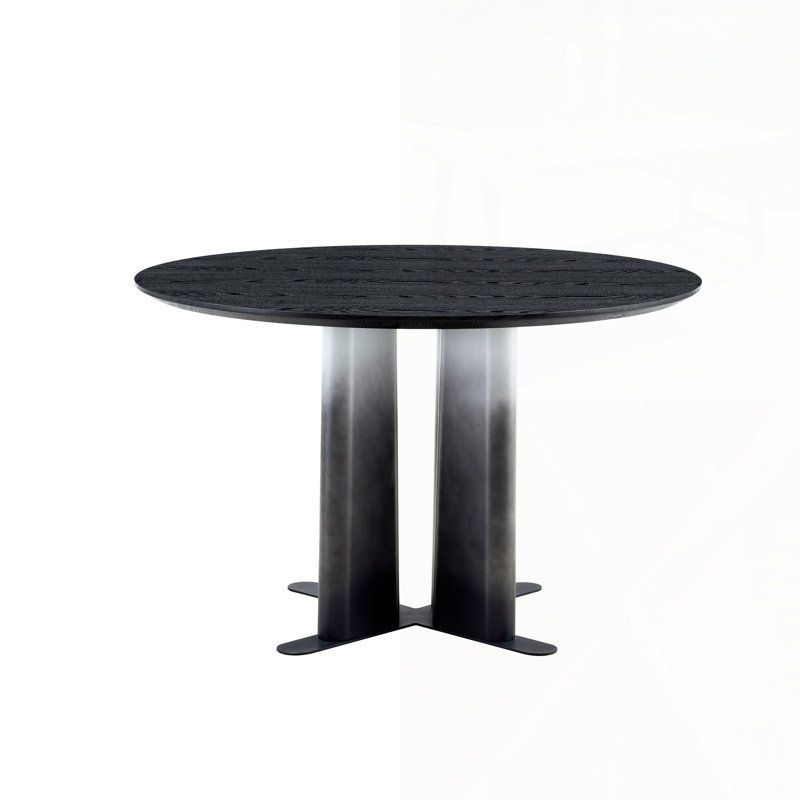 Table de salle à manger ronde en bois aggloméré, pieds en dégradé noir et blanc avec base en croix, table de cuisine compacte pour 2 à 4 personnes pour les petits espaces