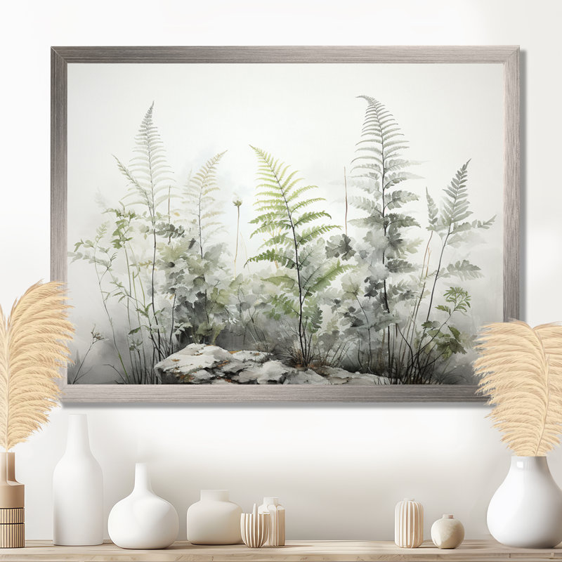 Ferns Silver Whispers I - fougères, art mural encadré, H 34 po x l 44 po x P 1,5 po, Cadre flottant brun