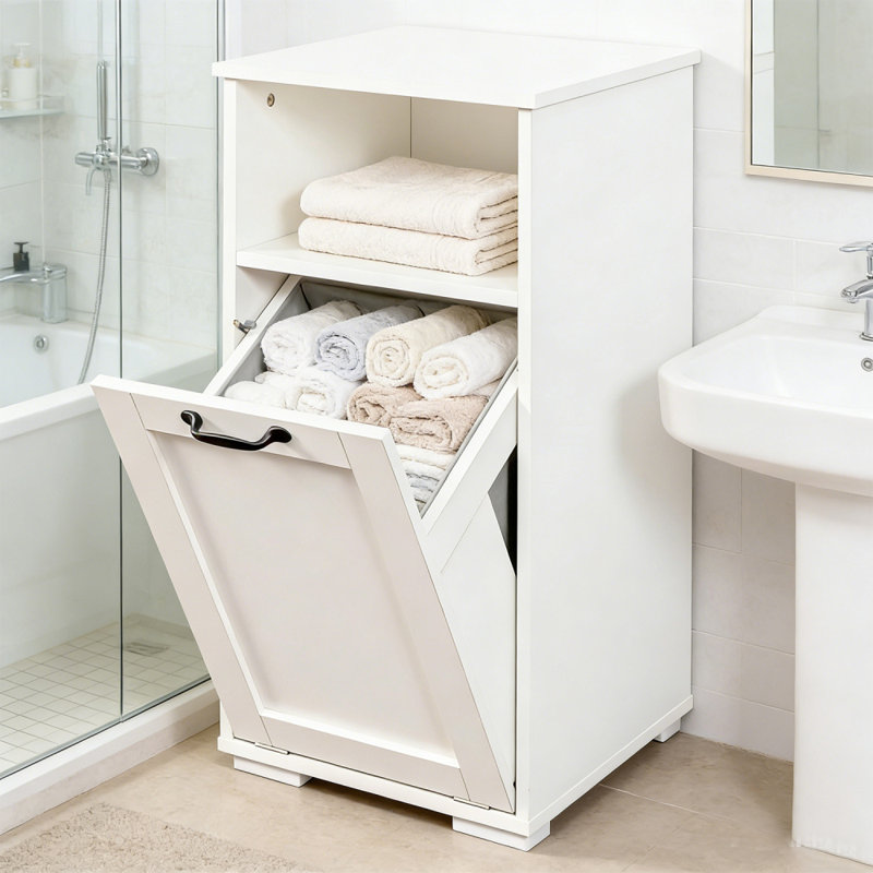 Gabinete branco de roupa suja com compartimento basculante e prateleira aberta com toalhas
