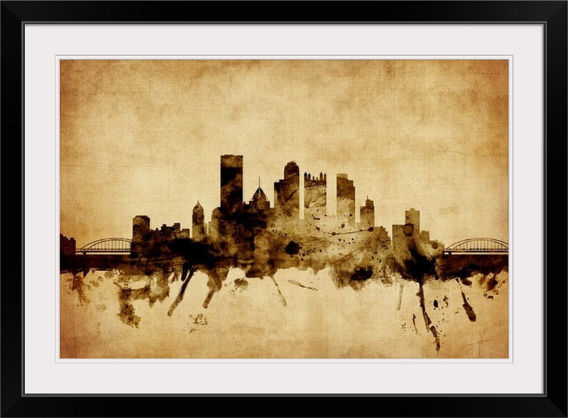 «Pittsburgh Pennsylvania Skyline» par Francy, impression, Cadre noir, H 28 po x l 38 po x P 1 po
