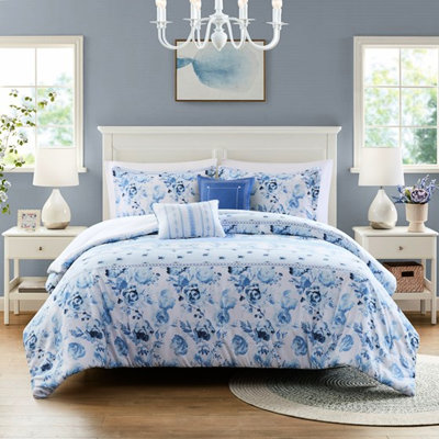 Twin/Twin Xl Comforter With Floral Striped Design, Filling, 2 Shams And Throw Pillows, Bedding Stripes, Fabric