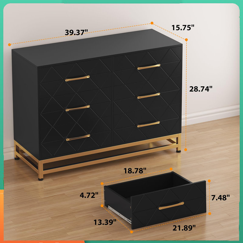 Morden Wood 6 Drawer Dresser for Closet, TV Stand,Chest of Drawers for Bed Room, Black