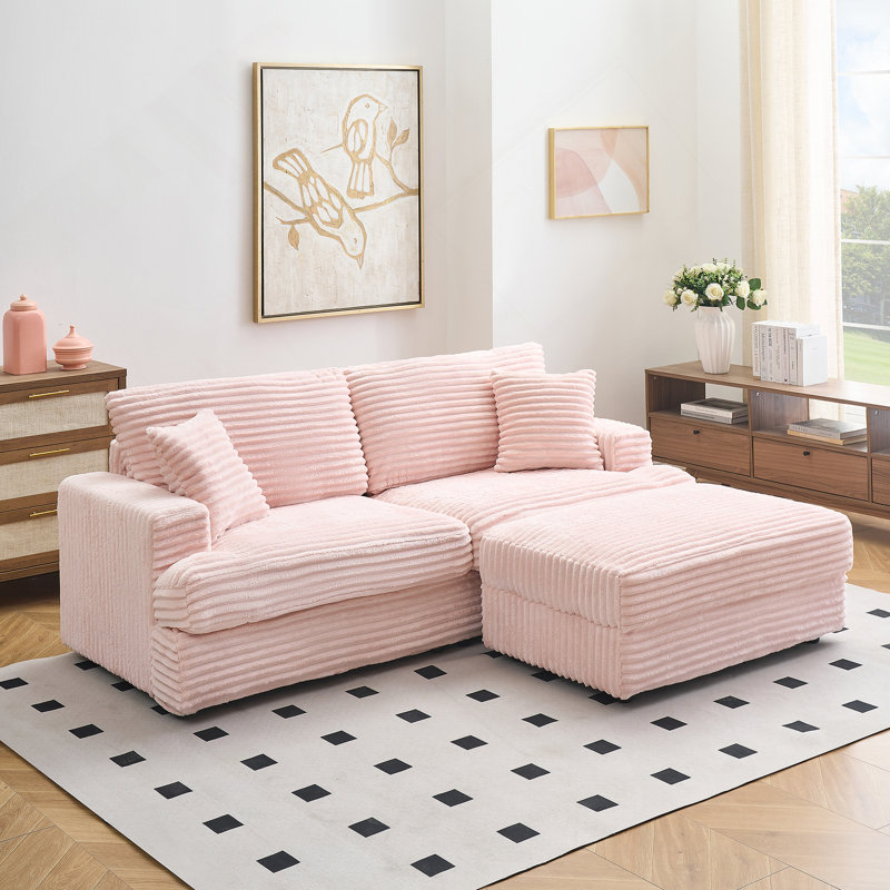 79.3''Modern Corduroy L-Shaped Sectional Sofa with Ottoman, Pink