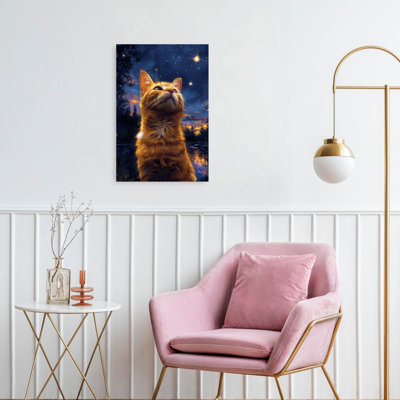 Orange Cat Stargazing Dreamy Peaceful Serene Cat Forest Landscape Wall Art Print 1 Piece Wrapped Canvas Wall Art