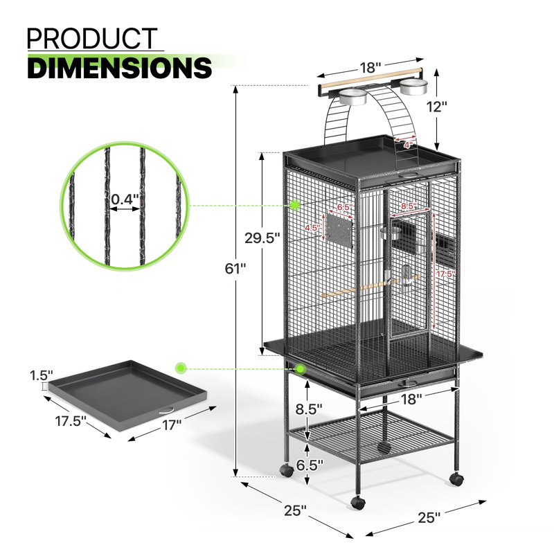 Black 61" Wrought Iron Play Top Bird Cage with Stand