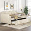 Lit de jour rembourré avec lit gigogne, support en lattes de bois, canapé-lit à structure rembourrée, simple, beige-1269191702