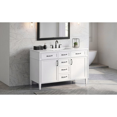 Meuble-lavabo autoportant 48 po avec 4 tiroirs, 2 portes, tablettes réglables et poignées noires